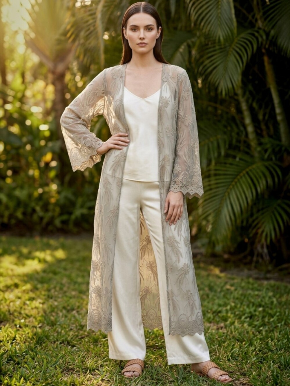 Paparazzi By Biz Boho Crochet Lace Kimono Duster Taupe M/L Open Front Long
